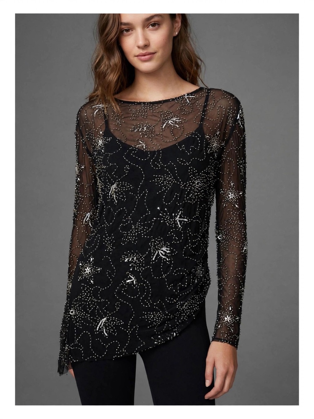 Zara Black Sheer Beaded Long-Sleeve Tunic
